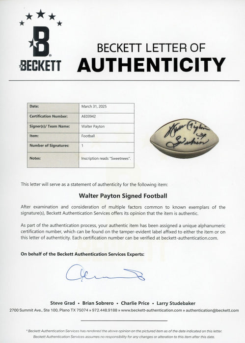 Walter Payton "Sweetness" Signed Authentic Wilson NFL Football Beckett COA
