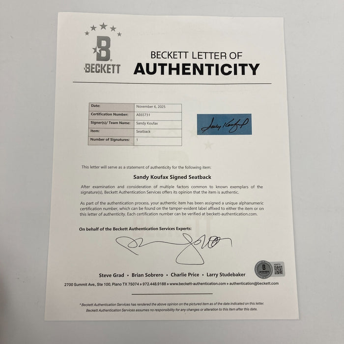 Sandy Koufax Signed Seatback #31/32 RARE Beckett & Steiner COA