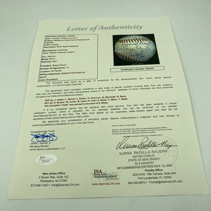 Johnny Unitas Baltimore Colts Hall Of Fame Legends Multi Signed Baseball JSA COA