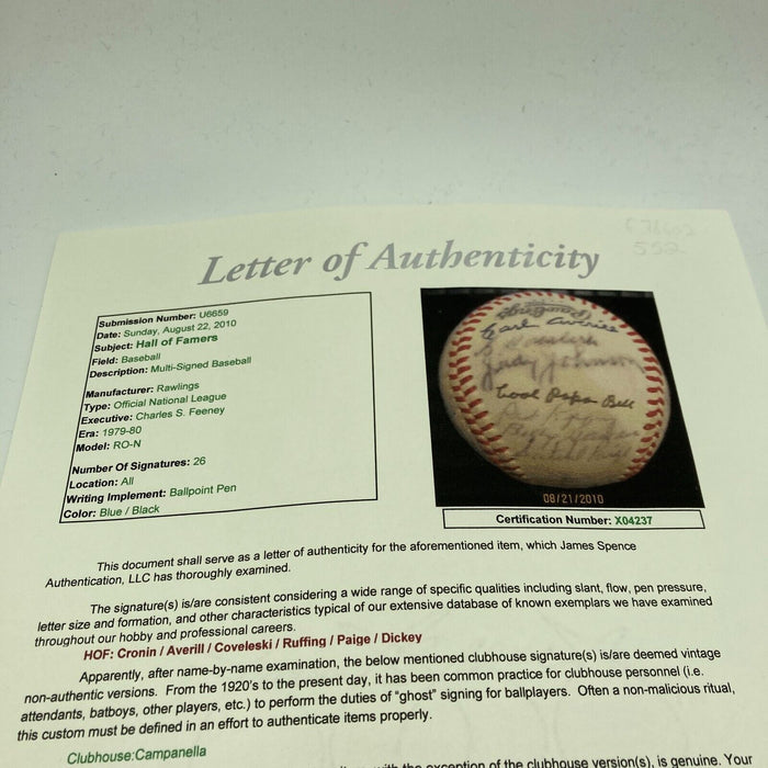 Satchel Paige Willie Mays 1979 Hall Of Fame Induction Signed Baseball JSA COA