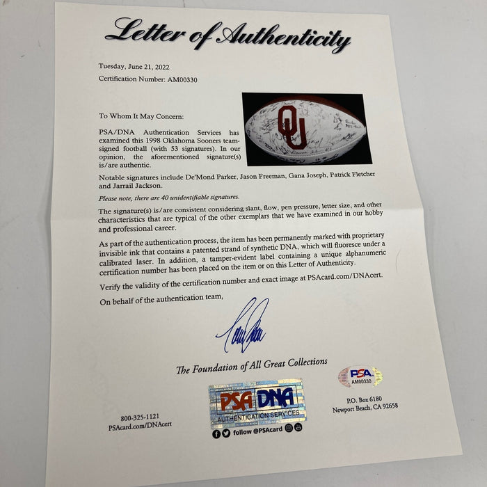 1998 Oklahoma Sooners Team Signed Football PSA DNA COA