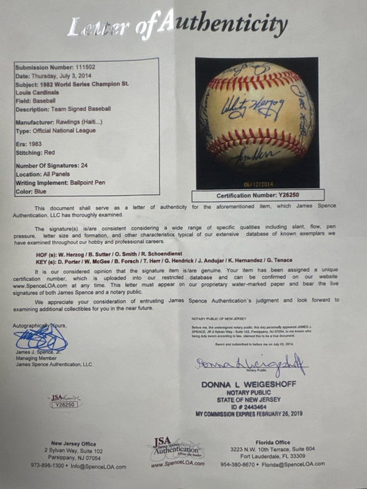 1982 St. Louis Cardinals World Series Champs Team Signed Baseball JSA COA