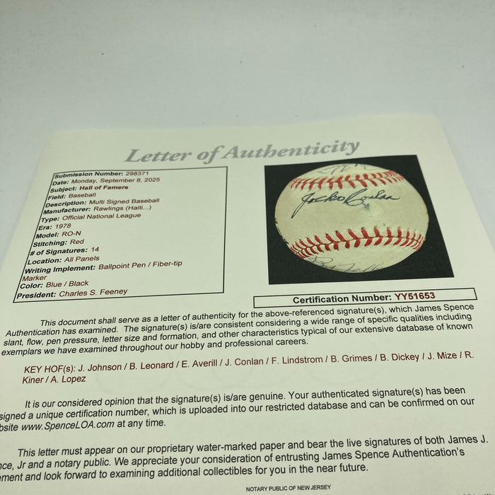 1970's HOF Multi Signed Baseball Freddie Lindstrom Earl Averill Grimes JSA
