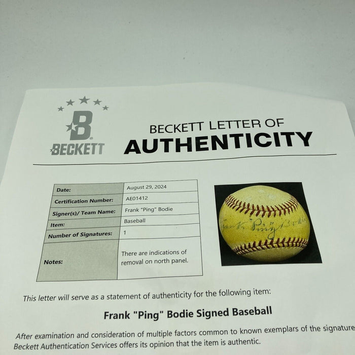 Frank Ping Bodie Signed AL Baseball 1918 New York Yankees Beckett COA