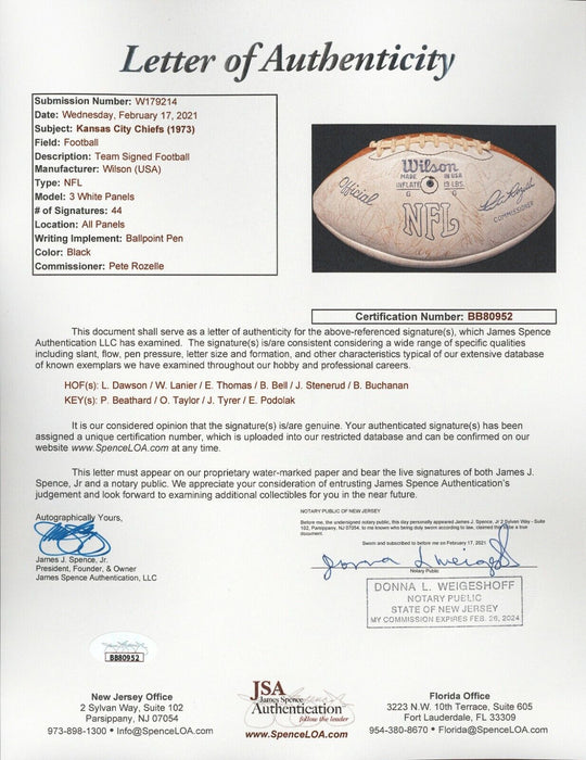1973 Kansas City Chiefs Team-Signed Football 44 Signatures JSA COA