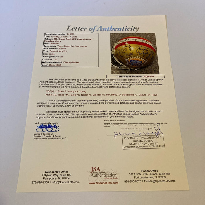 1994 San Francisco 49ers Super Bowl XXIX Champs Team Signed Full Size Helmet JSA