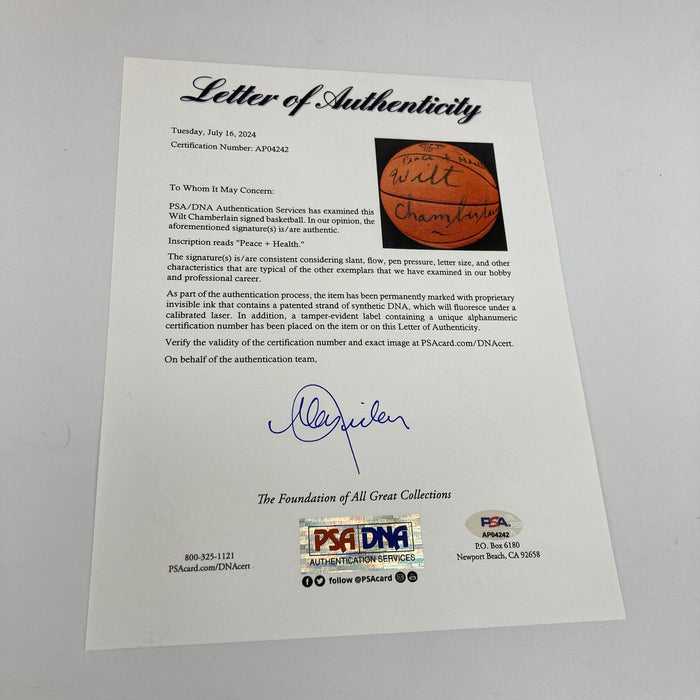Wilt Chamberlain  "Peace & Health" Signed Vintage Rawlings Basketball PSA & BAS