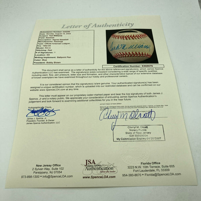 Nice Ted Williams Signed Official American League Baseball JSA COA