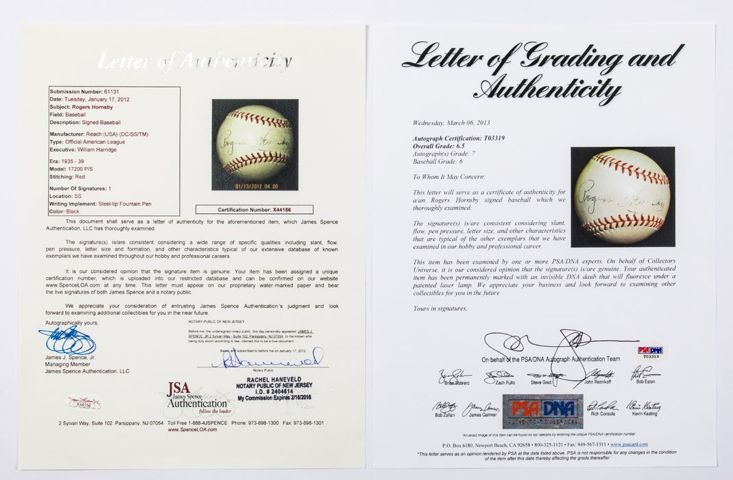 The Finest Rogers Hornsby Single Signed 1935 American League Baseball PSA & JSA