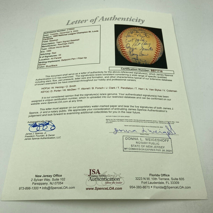 1985 St. Louis Cardinals NL Champs Team Signed World Series Baseball JSA COA