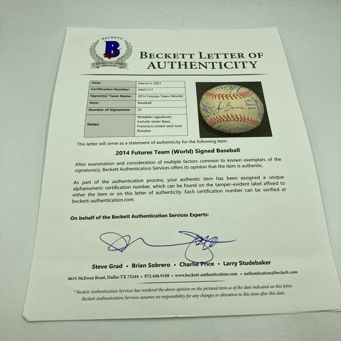 Francisco Lindor Rookie 2014 Futures Game Team World Signed Baseball Beckett COA
