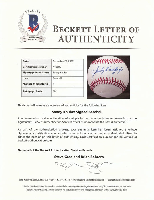 Sandy Koufax Signed Major League Baseball Beckett Graded GEM MINT 10