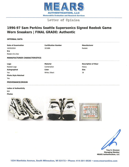 1996 Sam Perkins Game-Used Twice-Signed Seattle SuperSonics Reebok Sneakers BAS