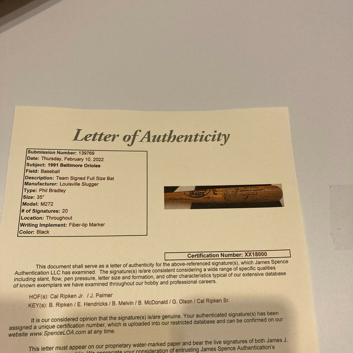 Cal Ripken Sr. Cal Ripken Jr. & Billy 1991 Baltimore Orioles Signed Bat JSA COA