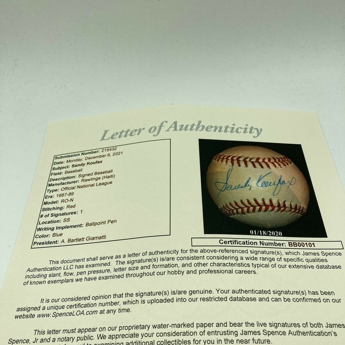 Beautiful Sandy Koufax Signed Official National League Baseball JSA COA