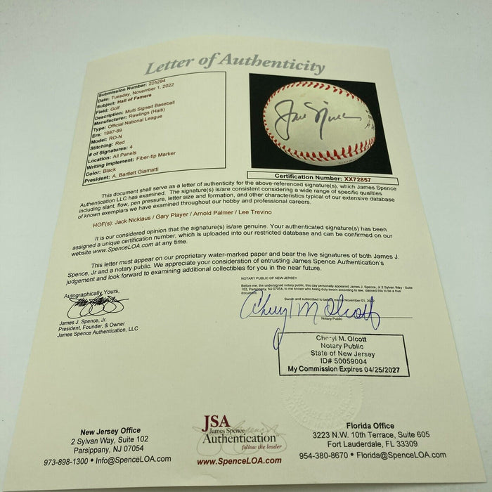 Arnold Palmer Jack Nicklaus Gary Player Golf Legends Signed Baseball JSA COA