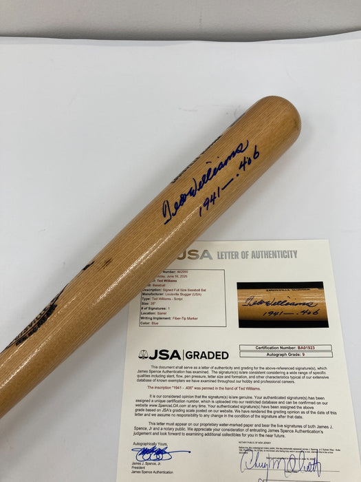 Beautiful Ted Williams "1941-.406" Signed Game Model Baseball Bat JSA 9 MINT