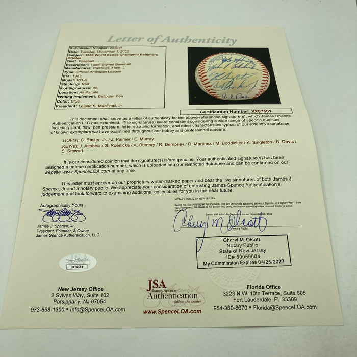 1983 Baltimore Orioles World Champions Team Signed Baseball Cal Ripken JSA