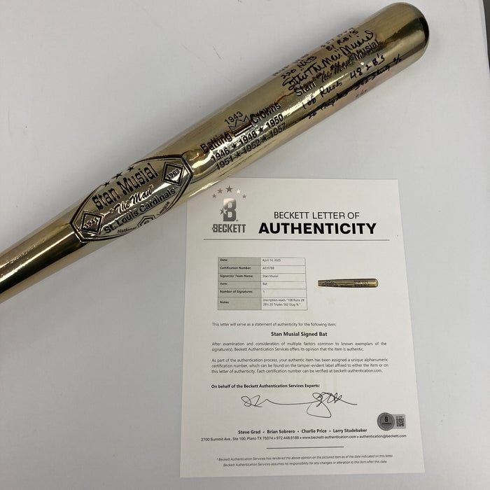 Stan Musial Batting Champion Signed Inscribed STATS Silver Baseball Bat Beckett