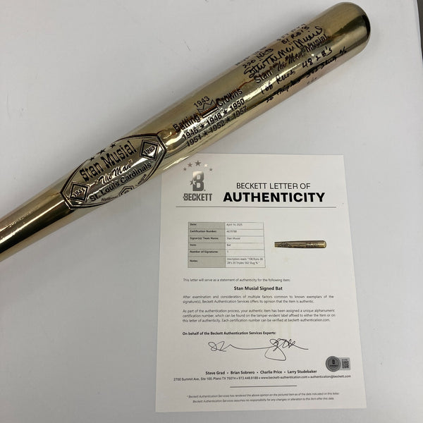 Stan Musial Batting Champion Signed Inscribed STATS Silver Baseball Bat Beckett