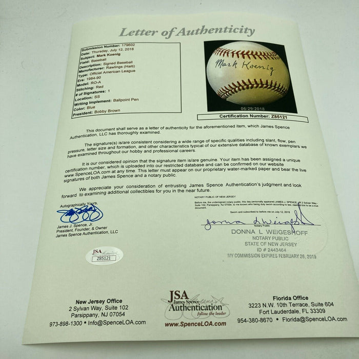 Beautiful Mark Koenig Single Signed Baseball 1927 NY Yankees JSA COA
