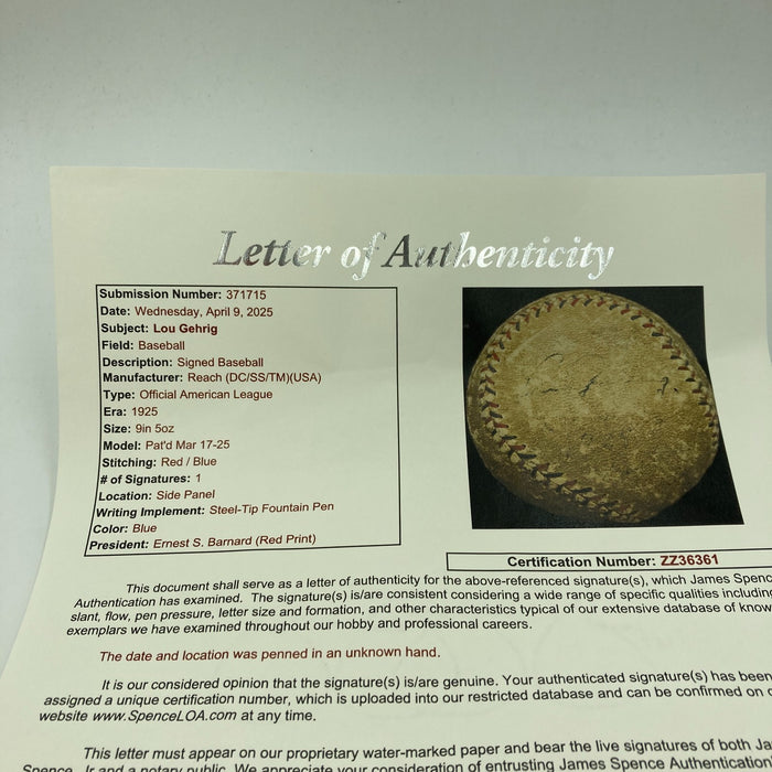 Lou Gehrig Single Signed 1925 Official American League Baseball JSA COA