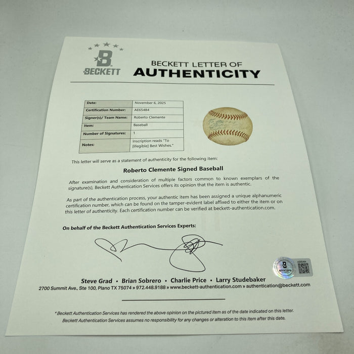 Roberto Clemente Single Signed National League Baseball PSA DNA, JSA & Beckett