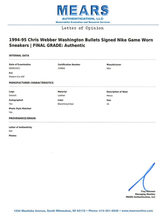 Chris Webber 1994-95 Game Used, Signed Nike Air Max Sneakers MEARS & JSA COA