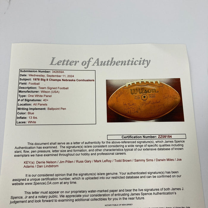 1978 Nebraska Cornhuskers Big 8 Champs Team Signed Football 40+ Sigs JSA COA