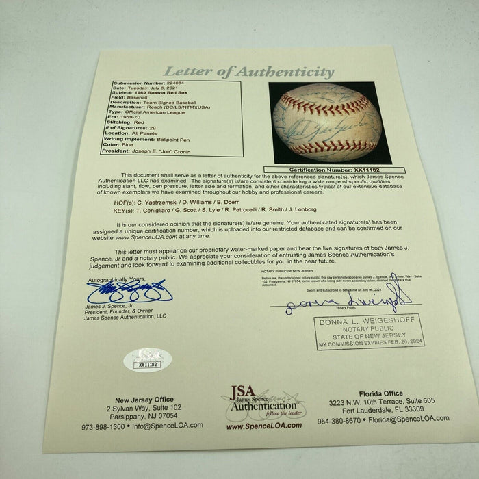 1969 Boston Red Sox Team Signed American League Baseball Carl Yastrzemski JSA