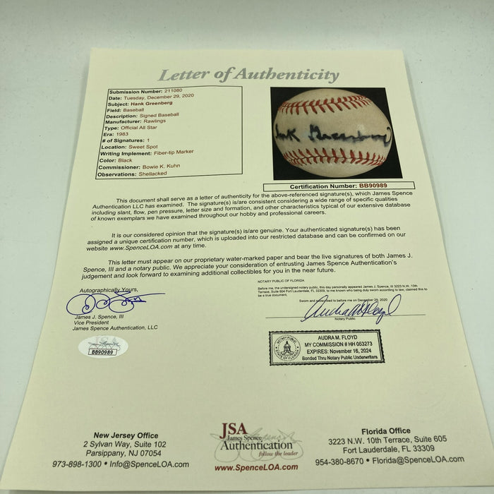 Hank Greenberg Single Signed 1983 All Star Game Baseball With JSA COA