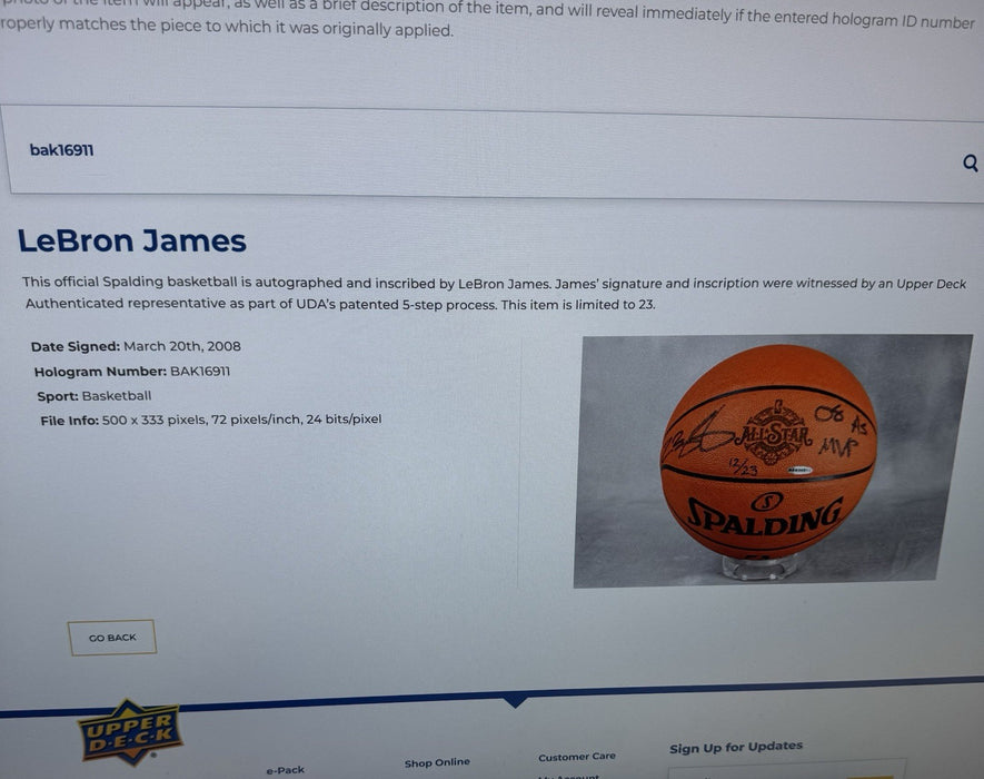 Lebron James "2008 All Star MVP" Signed ASG Basketball UDA Upper Deck COA 12/23