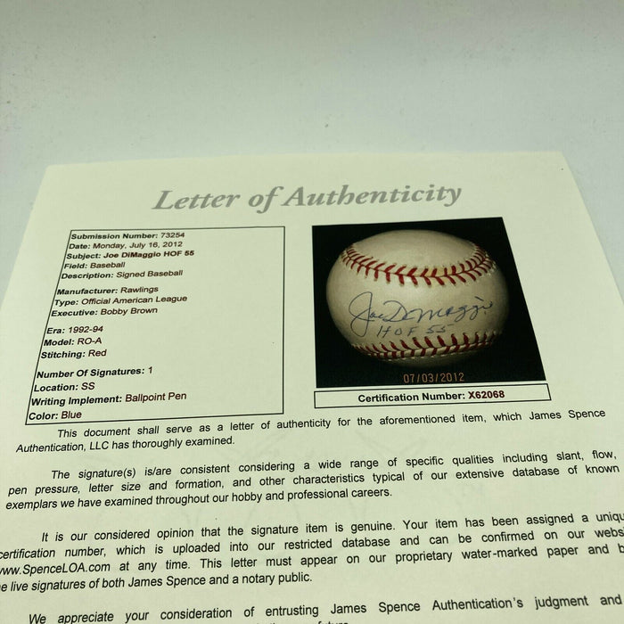 Joe Dimaggio "Hall Of Fame 1955" Signed American League Baseball JSA COA