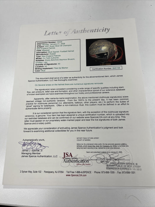 2001 New England Patriots Team Signed Helmet Tom Brady First Super Bowl JSA