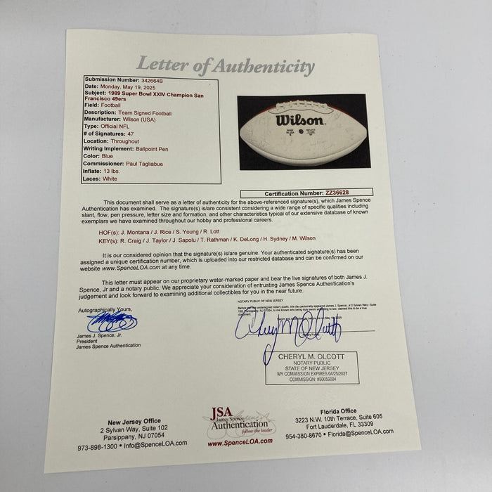1989 San Francisco 49ers Super Bowl Champs Team Signed Football JSA COA