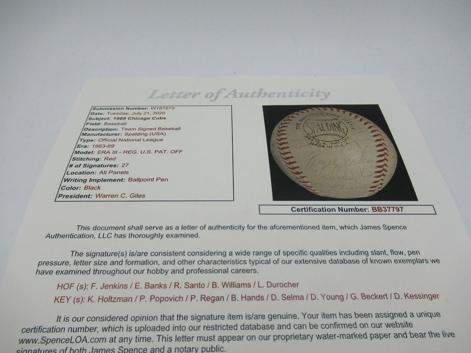 1969 Chicago Cubs Team Signed Official NL Baseball Ernie Banks Ron Santo JSA COA