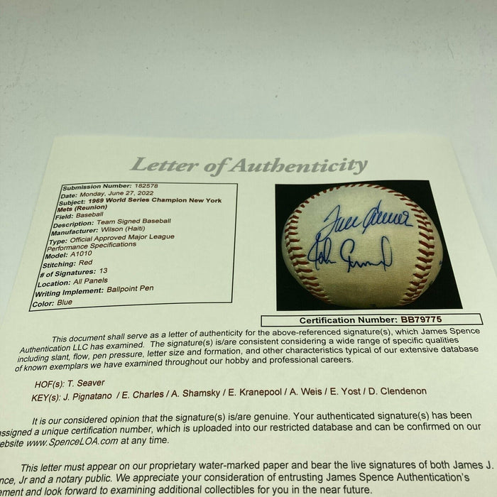 1969 New York Mets WS Champs Team Signed Baseball Tom Seaver JSA COA