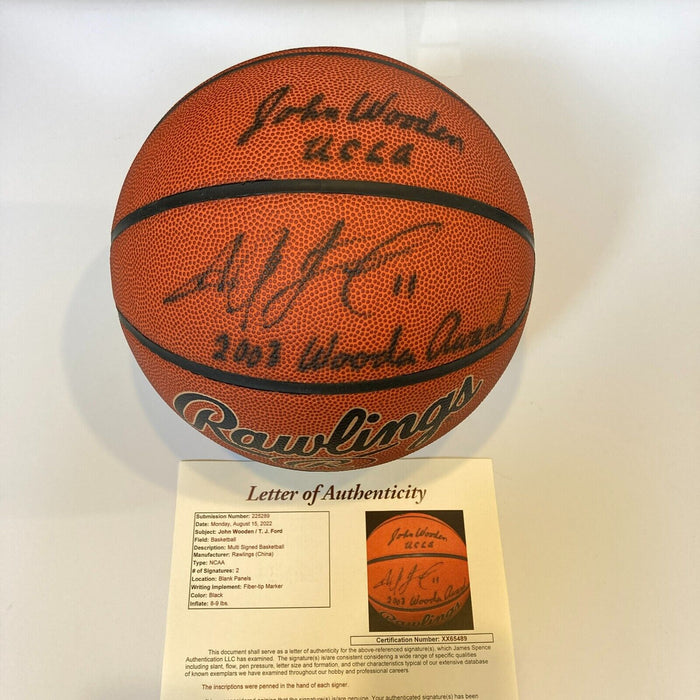 John Wooden & T.J. Ford "Wooden Award" Signed Rawlings NCAA Basketball JSA COA