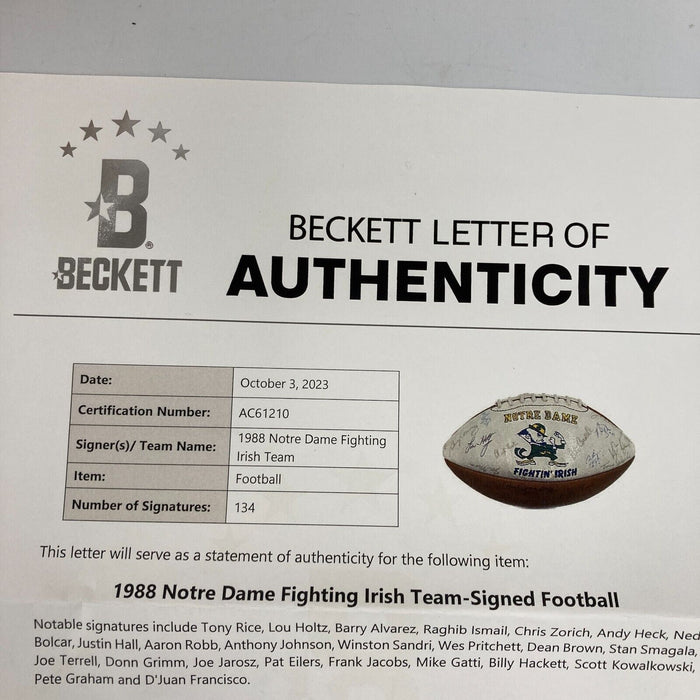 Notre Dame Fighting Irish Multi Signed Football With 134 Signatures! Beckett COA