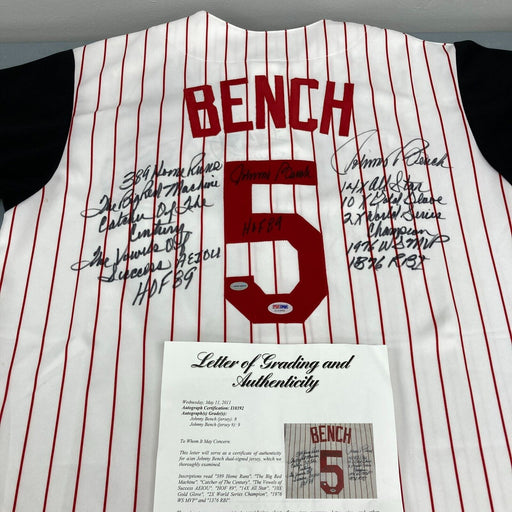 Johnny Bench Signed Heavily Inscribed STAT Cincinnati Reds Jersey PSA DNA Mint 9