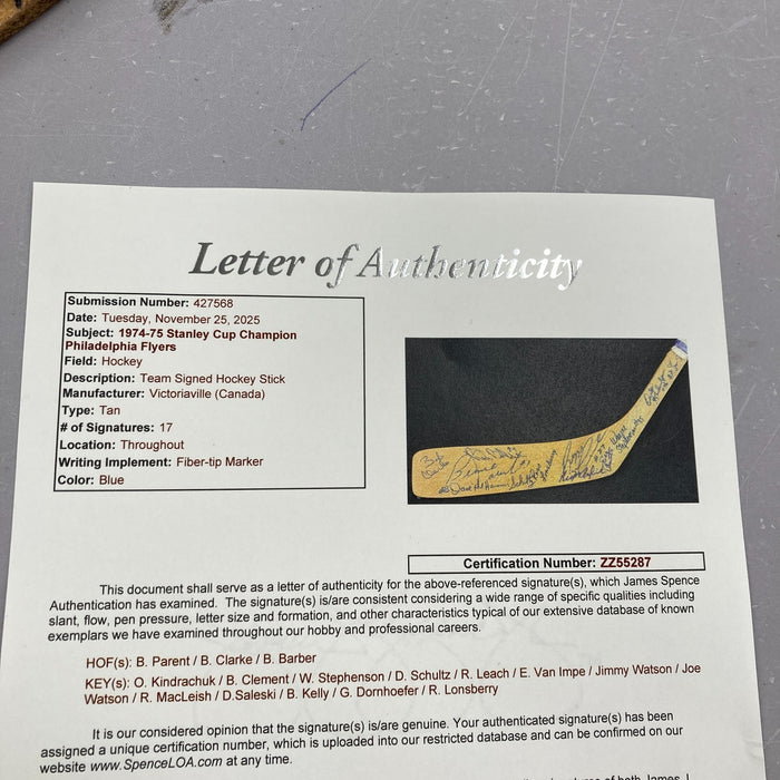 1974-1975 Philadelphia Flyers Stanley Cups Champs Team Signed Hockey Stick JSA