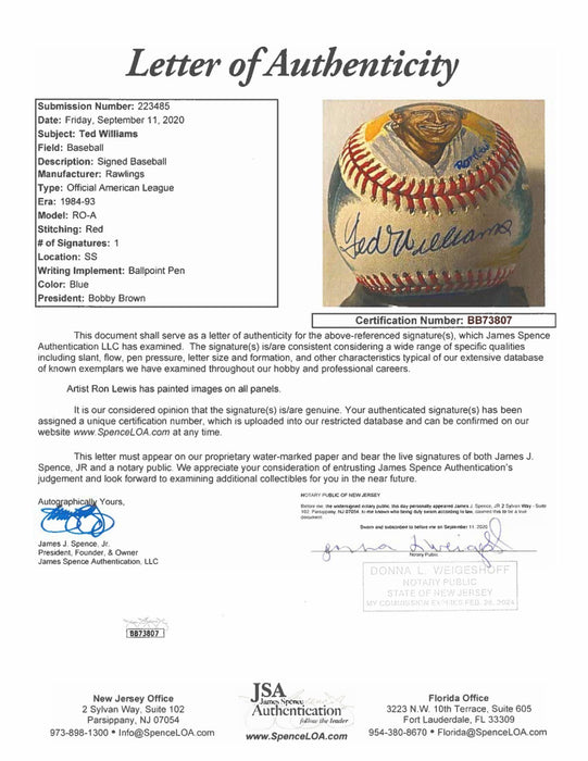 Beautiful Ted Williams Signed Ron Lewis Hand Painted Art Baseball JSA COA