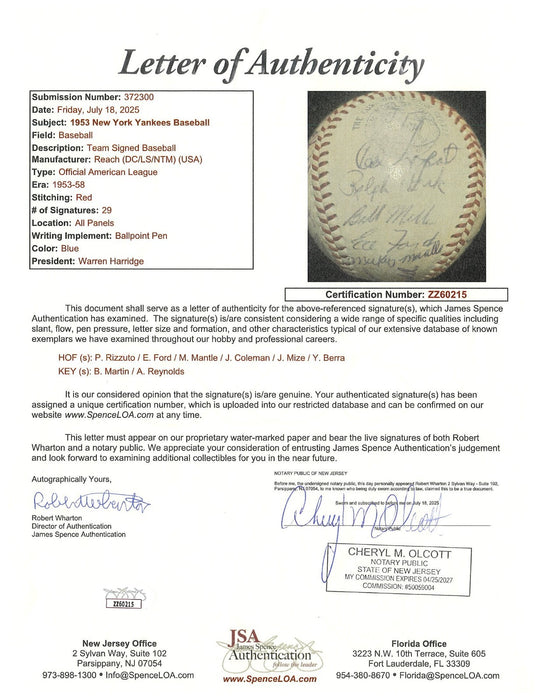 1953 New York Yankees World Series Champs Team Signed Baseball Mickey Mantle JSA