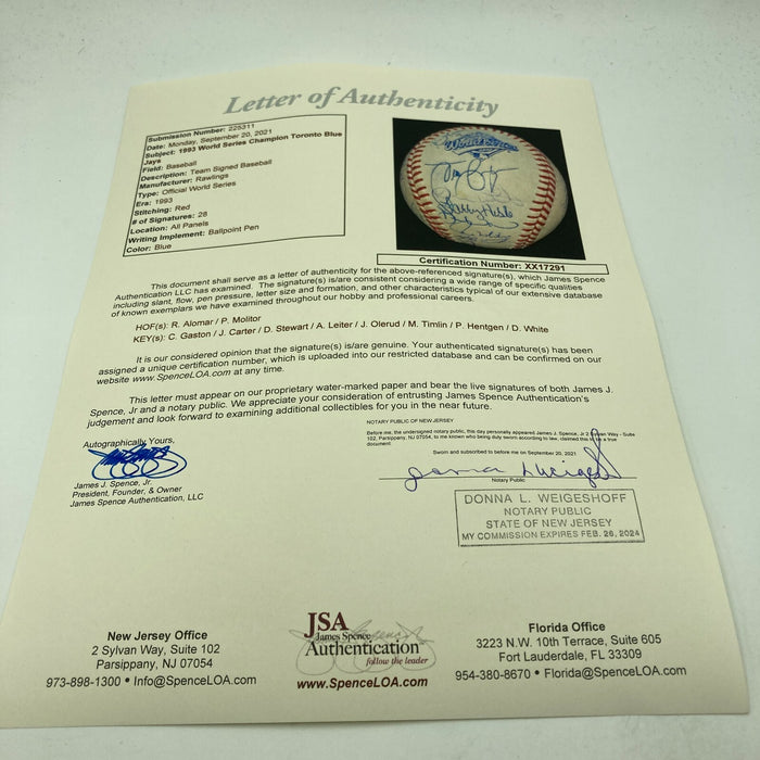 1993 Toronto Blue Jays World Series Champs Team Signed Baseball JSA COA