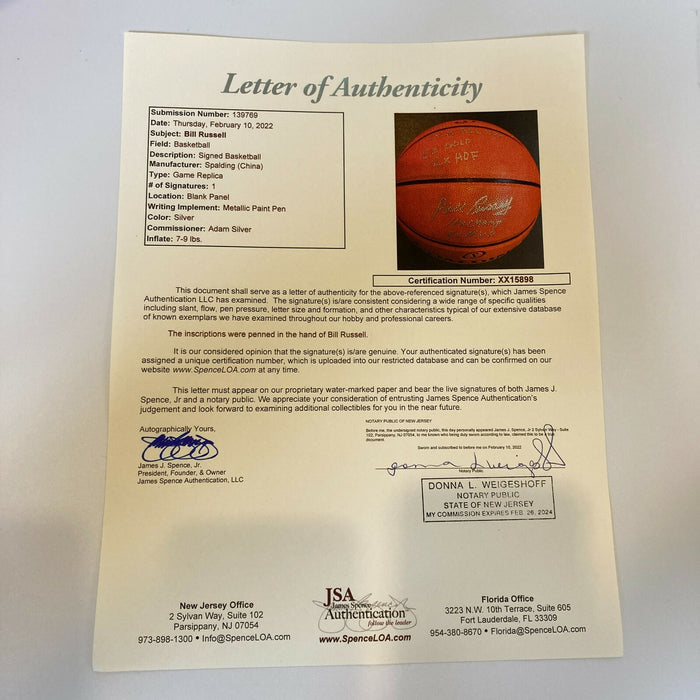 Extraordinary Bill Russell Signed Heavily Inscribed STAT Basketball JSA COA