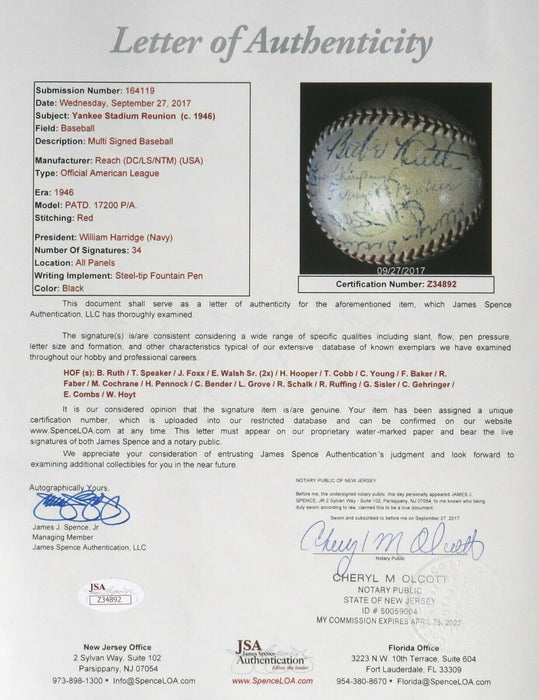 Babe Ruth Ty Cobb Cy Young Jimmie Foxx Tris Speaker 34 Sigs Signed Baseball JSA