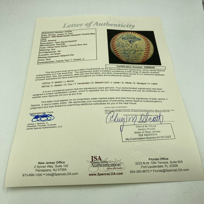 1993 Toronto Blue Jays World Series Champs Team Signed W.S. Baseball JSA COA