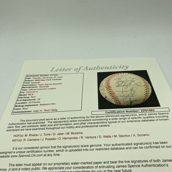 2002 New York Yankees Team Signed Baseball Derek Jeter Mariano Rivera JSA COA