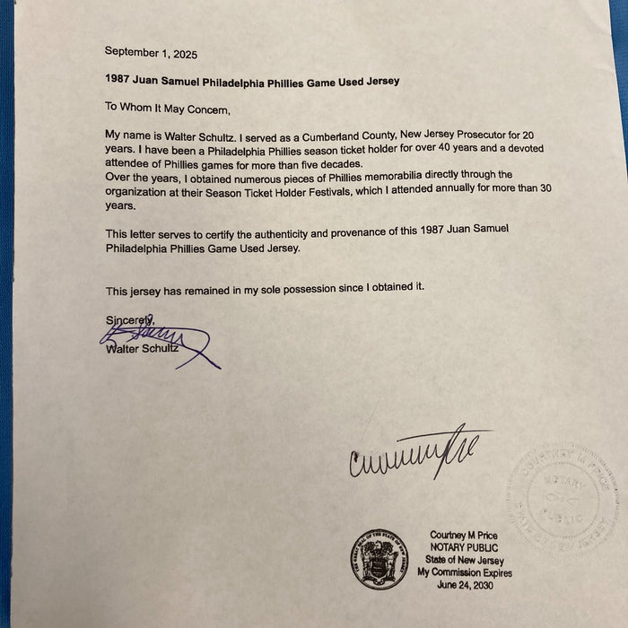 Juan Samuel 1987 Game Used Philadelphia Phillies Jersey MEARS A10 The Finest