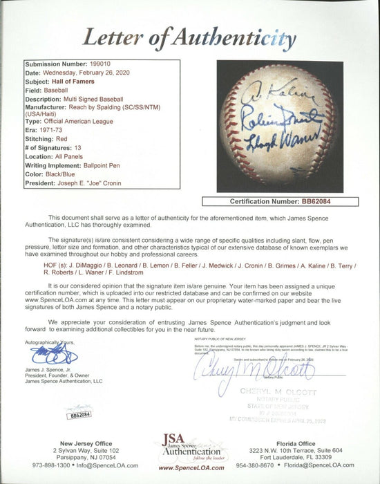 Joe Dimaggio Freddie Lindstrom Warren Giles Hall Of Fame Signed Baseball JSA COA